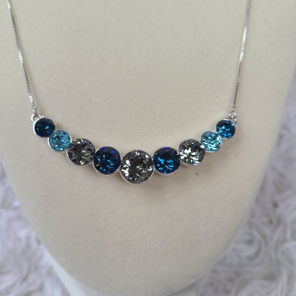 UPSERA Graduated Crystal Necklace - Rhodium Plated - Blue Statement Necklace - Picture 2 of 5